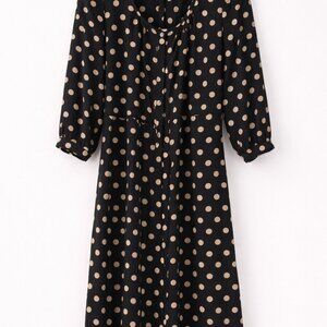 Cynthia Vincent Black White Polka Dot V-Neck Midi Dress 3/4 Sleeve